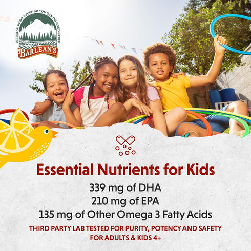 Barlean's Omega Pals Chirpin' Slurpin' Omega 3 for Kids, Yummy Lemonade Flavored Children's Liquid Fish Oil Supplement with 540 mg of EPA & DHA fo...