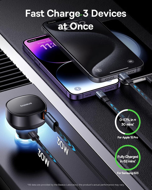 Baseus USB C Car Charger, 60W Retractable Car Charger, 3 in 1 Fast Car Charger, Compatible with iPhone 15/14/13/12 Pro Max, Plus, Samsung Galaxy S...