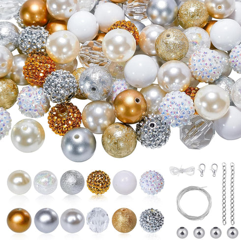 50Pcs Chunky Bubblegum Beads 20mm Silver Gold Gumball Rhinestone Beads with 48pcs Tiny Round Spacers, Extender Chains, Beading Wire for Crafts Jew...