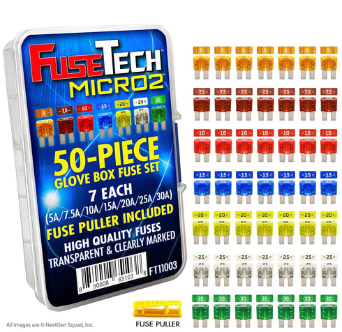 Micro2 APT ATR 50 Piece Automotive Car Fuse Assortment Glove Box Set (49 Micro 2 Blade Fuses + Fuse Puller) 5A 7.5A 10A 15A 20A 25A 30A...