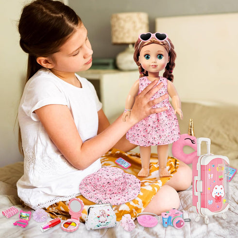 Doll Suitcase Travel Set, 18 inch Doll Clothes and Accessories - 26 Pcs Travel Pillow, Unicorn Bag, Sunglasses, Camera, Computer, Phone, Passport,...