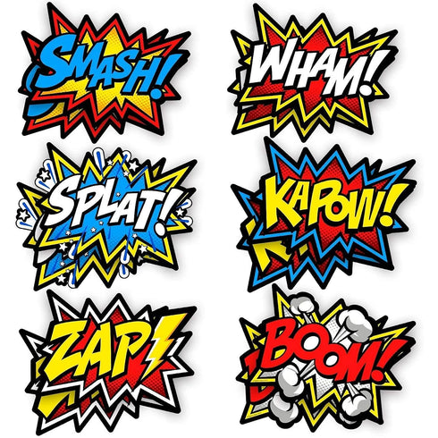 Bigtime Signs 12 Pieces Super Hero Stickers - Superhero Party Decorations for Birthday - Superhero Themed Party Favors - 12"x16" Sound Effect Sign...