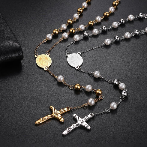 Religious Rosary Beaded Cross Necklace: Christian Beaded Stainless Steel Pearl Virgin Mary Medallion Y Necklace Jewelry Gifts for Women Men...