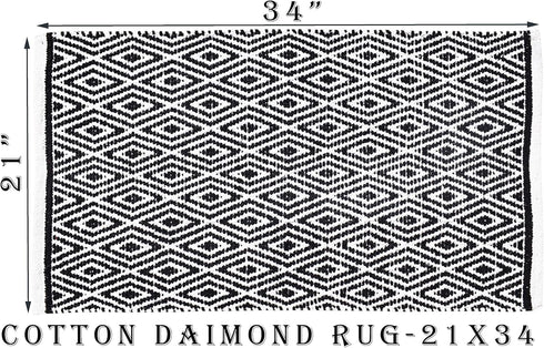 Ramanta Home 100% Cotton Diamond Rug 21x34 Hand Woven Reversible Washable Rug - Black,Farmhouse Bathroom Rugs,Entry Rugs,Rugs for Living Room, Kit...
