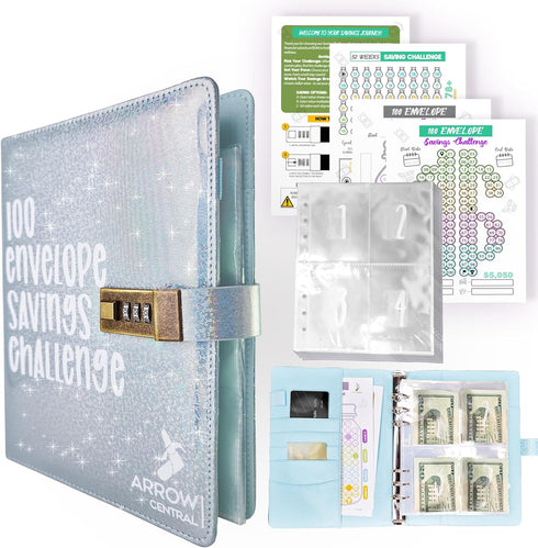 100 Envelopes Money Savings Challenge, A5 Budget Binder with Cash Envelopes and Combination Lock, Sparkling Leather Book to Save $5,050, Secure Bi...