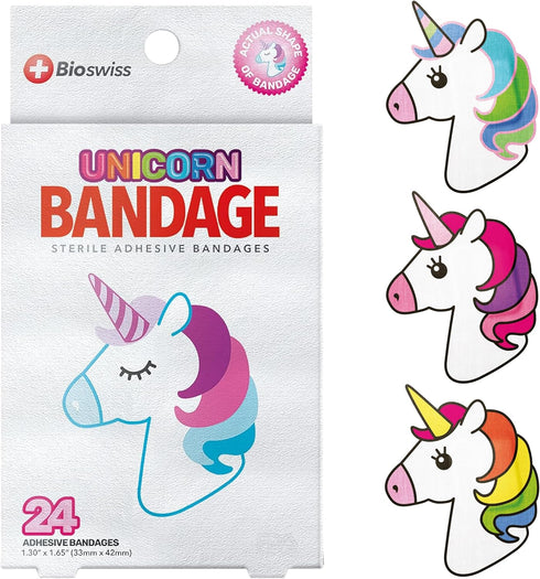 BioSwiss Bandages, Unicorn Shaped Self Adhesive Bandage, Latex Free Sterile Wound Care, Fun First Aid Kit Supplies for Kids, 24 Count...