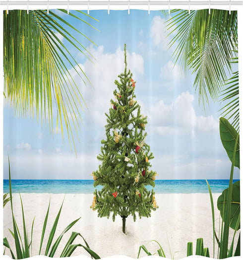 Ambesonne Christmas Shower Curtain, Tree Tinsel and Ornaments Tropical Island Sandy Beach Party Theme, Cloth Fabric Bathroom Decor Set with Hooks,...