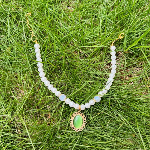 Handmade Dog Pearl Collars and Green Gem Cat Collar Set, Pet Pearl Necklace,Adjustable Dog Costume for Cats&Puppies,Cat Outfit for Pet Wedding Bir...