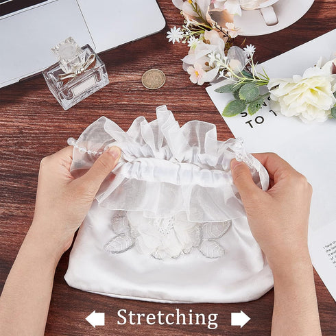 CRASPIRE Wedding Bride Handbag 8.38x8.7 Rose Satin Bridal Wedding Money Bag White Rose Embroidery Silk Drawstring Bag with Pearl for Dollar Dance ...