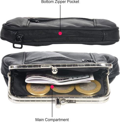 Women's Leather Metal Frame Double Clasp Zipper Coin Purse 5 1/4" x 3 1/4" (Black)...