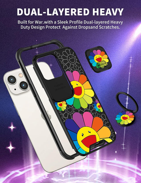 Goocrux (2in1 for iPhone 13 Case Smile Face Flower for Women Girls Pretty Girly Phone Cover Cute Floral Design with Slide Camera Cover+Ring Aesthe...