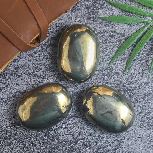 Golden Pyrite Palm Stone, Worry Stone Large Oval Palm Stone Chakra Healing Hand Carved Pocket Massage Stone Reiki Polished Stone Massage Spa Energ...