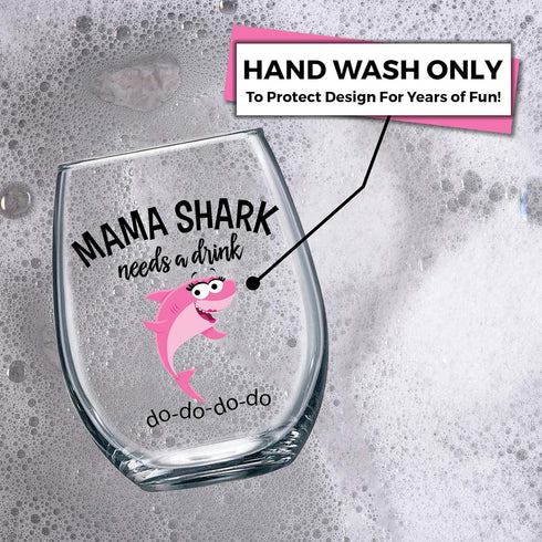 Mama Shark Needs a Drink Funny Wine Glass - Mom Gift For Birthdays, Mother's Day, Christmas, Holidays or Just Because - Stemless...