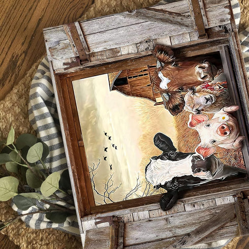 Kasluolo Farmhouse Animals Cow in Fake Window Wall Art Farmhouse Animals Landscape Picture Country Painting Wall Décor for Bathroom Bedroom Office...