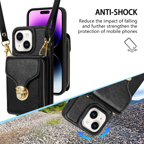 Compatible with iPhone 13 6.1 inch Wallet Case Crossbody Strap Leather Zipper Credit Card Holder Clasp Stand Cell Accessories Phone Cover for iPho...