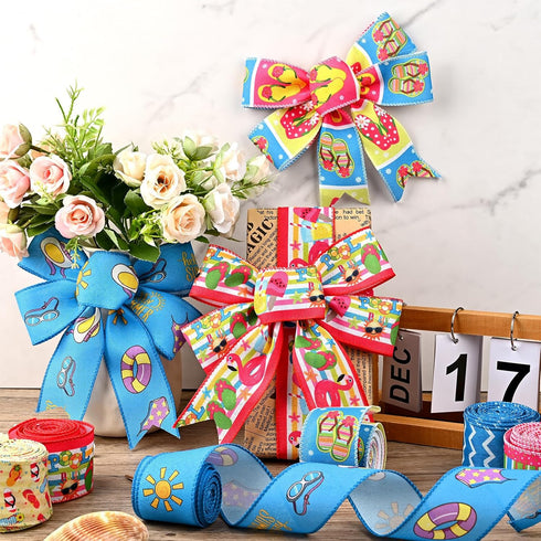 6 Rolls 30 Yards Summer Wired Ribbon Flip Flop Waves Polka Dot Stripe Fabric Decorative Ribbon Summer Themed Burlap Ribbons for Summer Wreath Bow ...