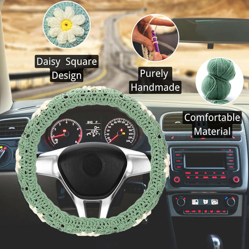 Crochet Steering Wheel Cover Set,Cute Car Steering Wheel Cover Boho 14-15 in,Handmade Daisy Granny Square Pattern Gift,Women Car Accessories (A Wh...