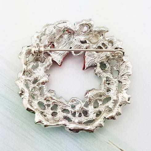 SELOVO Silver Tone Wreath Green Red Austrian Crystal Round Brooch Pin...