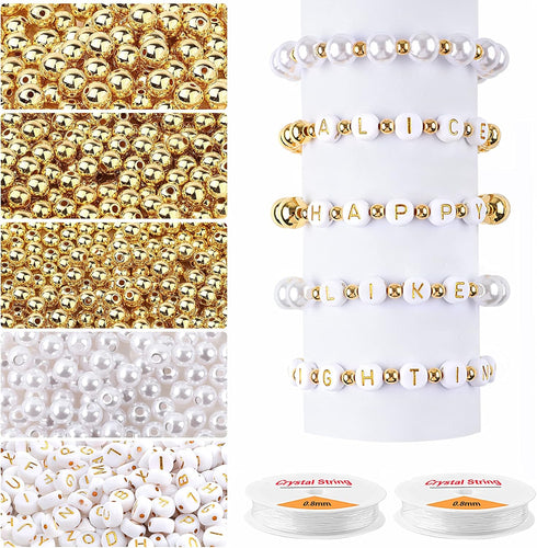 DECYOOL 1800Pcs Jewelry Making Kit - 1500Pcs Gold Round Spacer Smooth Loose Ball Beads, 150Pcs Alphabet, 150Pcs White Pearls and 2 Rolls Elastic S...