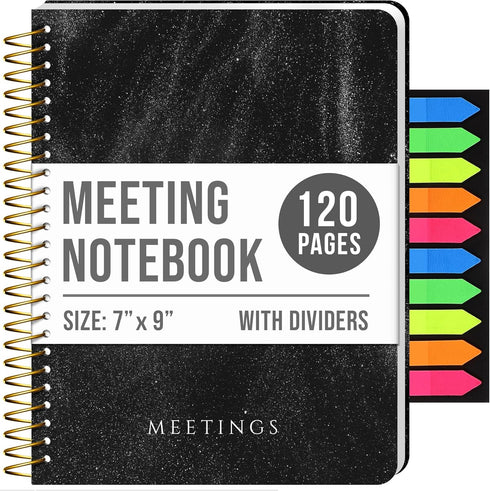 Meeting Notebook with Removable Dividers, Gold Spiral, Hard Cover, Action Items, Back Pocket, 120 Pages...