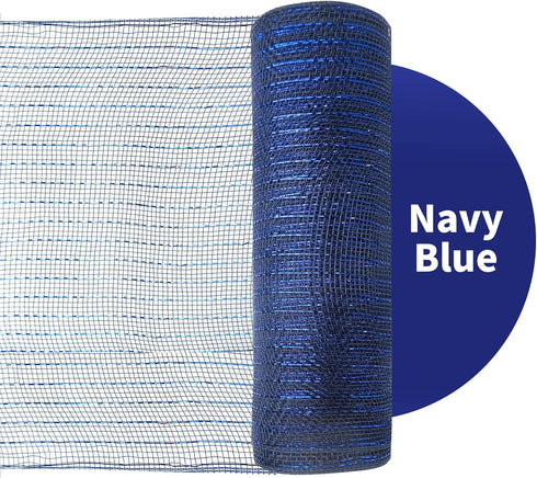 2 Rolls Navy Blue Deco Mesh Ribbon with Blue Foil Wire10 in x 30 ft,Metallic Poly Mesh Ribbon Rolls for DIY Wreath Supplies Ribbon for Christmas T...
