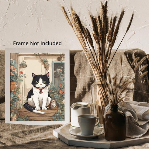 Posterizer 1 pcs- Black and white cat sitting next to its kitten-Art for Animal Lovers-Floral Botanical Art - Gift for Men Women Teens-Decor for B...