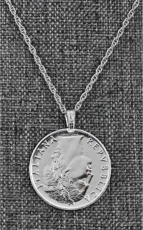 American Coin Treasures Italian Lire Coin Pendant Necklace - L.100 Jewelry Lira Coin from Italy for Collectors with Silvertone Chain & Lobster Cla...