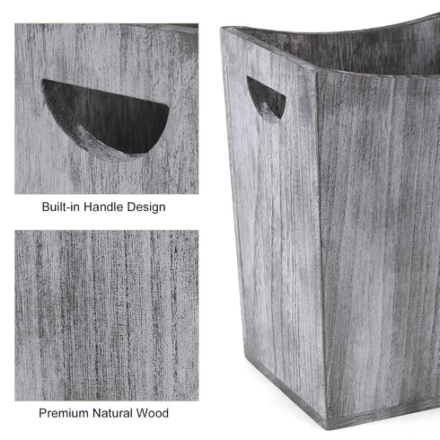 BTY Farmhouse Wooden Trash Can, Small Square Wastebasket Garbage Container Bin Holder, Rustic Torched Home Kitchen Office Trash Cans with Handle f...