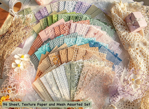 96 Sheets Textured Scrapbook Paper and Mesh Fabric Assorted Set - 6 Pack Mixed Special Paper for Scrapbooking Planner Bullet Junk Journal Supplies...