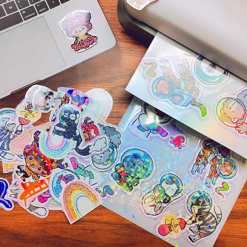 32 Sheets Holographic Sticker Paper Clear Vinyl Self Adhesive Waterproof Rainbow Transparent Overlay Film A4 Size Holographic Overlay with 4 Style...