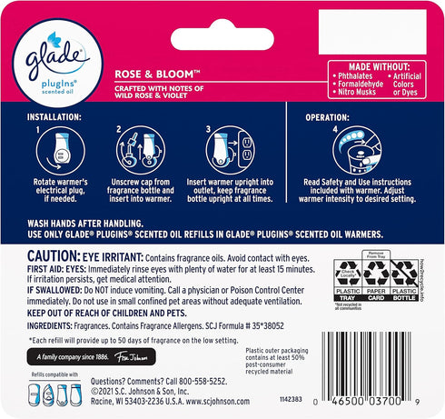 Glade PlugIns Refills Air Freshener, Scented and Essential Oils for Home and Bathroom, Rose & Bloom, 3.35 Fl Oz, 5 Count...