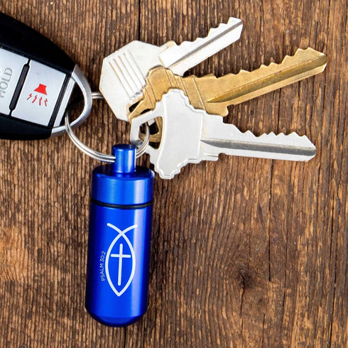 Blue Pill Case Keychain, Waterproof Metal Travel Container for Medicine Storage, Small Empty Organizer Bottle with Christian Jesus Fish, Cross, & ...