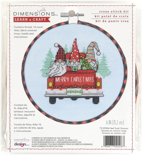 Dimensions Red Truck and Holiday Gnomes Christmas Counted Cross Stitch Kit, 6" D, 14 Cnt. Light Blue Aida 6 Piece...