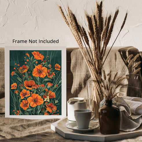 Posterizer 1 pcs-orange wild dainty flowers with green background-Floral & Botanical Art-Abstract & Modern Art-Decor for Home & Office- UNFRAMED W...