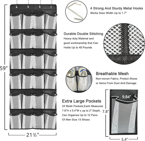Over the Door Hanging Shoe Organizer with 24 Large Mesh Pockets - Shoes Holder/Black...