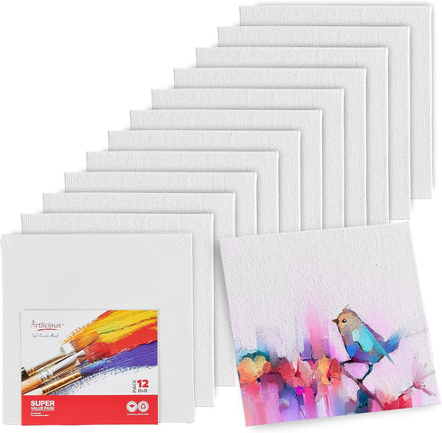 Artlicious Canvases for Painting 12 Packs - 8 x 8” Blank Canvas 100% Cotton Painting Canvas Panels for Acrylic, Oil & Watercolor Paint for Canvas ...