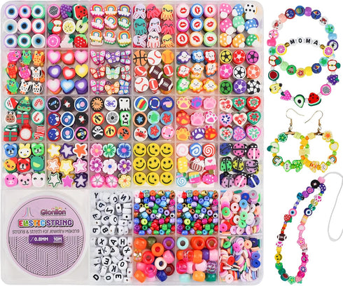 Gionlion 1000PCS Polymer Clay Beads Bracelet Making kit, 24 Style Cute Fun Fruit Flower Rainbow Animal Heart Star Beads Charms for Jewelry Necklac...