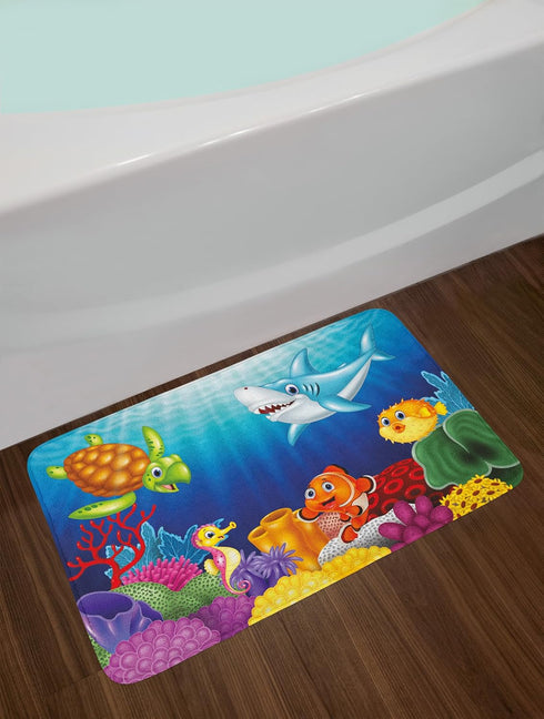 Lunarable Aquarium Bath Mat, Cartoon Tropical Fish and Happy Underwater World Corals Biodiversty Theme, Plush Bathroom Decor Mat with Non Slip Bac...
