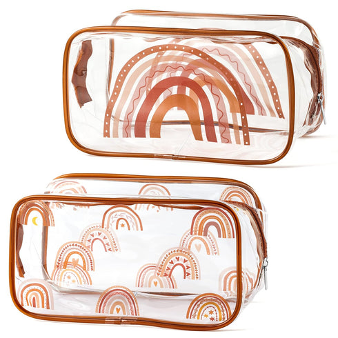 Y1tvei 2Pcs Summer Boho Rainbow Clear PVC Makeup Bag Stylish Brown Fall Theme Plastic Cosmetic Toiletry Bag with Zipper Makeup Case Portable Water...