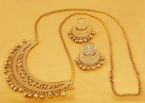 Touchstone Indian Bollywood Traditional Crescent Half Moon Theme Filigree Work Long Artistic Designer Jewelry Necklace Set In Antique Gold Tone Fo...