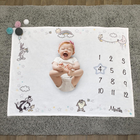 Warner Brothers Looney Tunes Best Buds White with Pastel Blue, Pink, and Yellow Bugs Bunny, Tweety, Tasmanian Devil, and Sylvester The Cat Milesto...