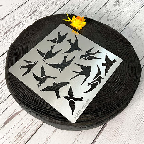 Aleks Melnyk No.468 Metal Stencil, Many swallows fly in The sky, Birds, Animals, Small Stencil, 1 PC, Template for Wood Burning, Engraving, Crafti...