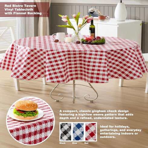 Newbridge 60 x 84 Inch Oval Vinyl Tablecloth with Flannel Backing, Bistro Tavern Check, Café Checkered Indoor Outdoor Vinyl Table Cover for Picnic...