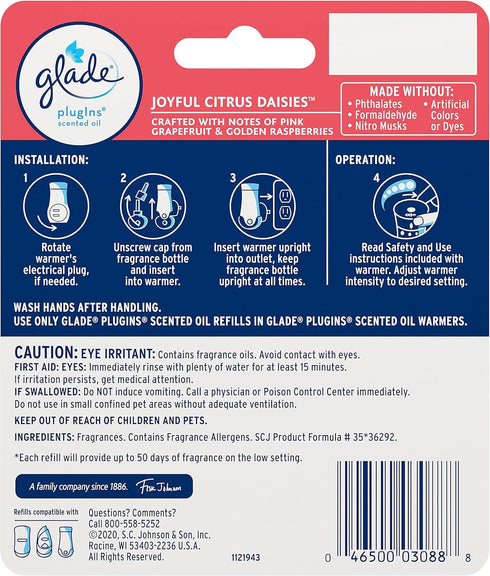 Glade PlugIns Refills Air Freshener, Scented and Essential Oils for Home and Bathroom, Joyful Citrus & Daisies, 1.34 Fl Oz, 2 Count...