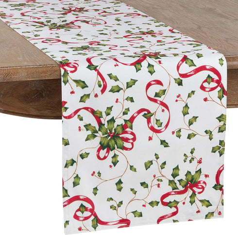 "SARO LIFESTYLE Holiday Collection Holly and Ribbon Design Table Runner, 16"" x 72"", Multi" (3175.M1672B)...