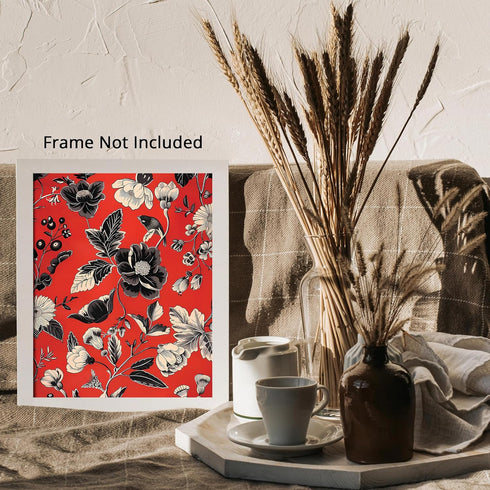 Posterizer 1 pcs-dainty black and white flowers with red background-Floral & Botanical Art-Abstract & Modern Art-Decor for Home & Office- UNFRAMED...