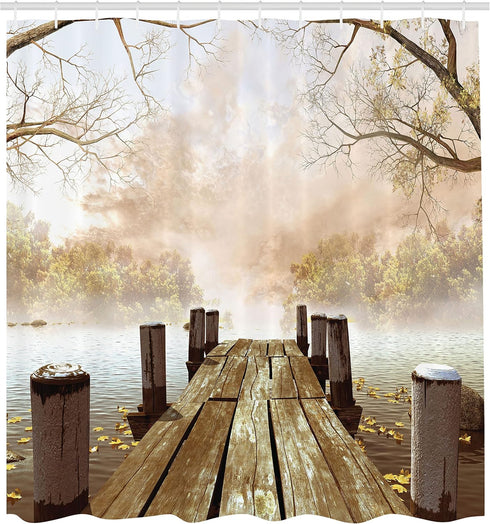Ambesonne Fall Wooden Foggy Scene Lake River Print Polyester Fabric Shower Curtain - Extra Long, Beige Brown Taupe 69" W By 75" L...