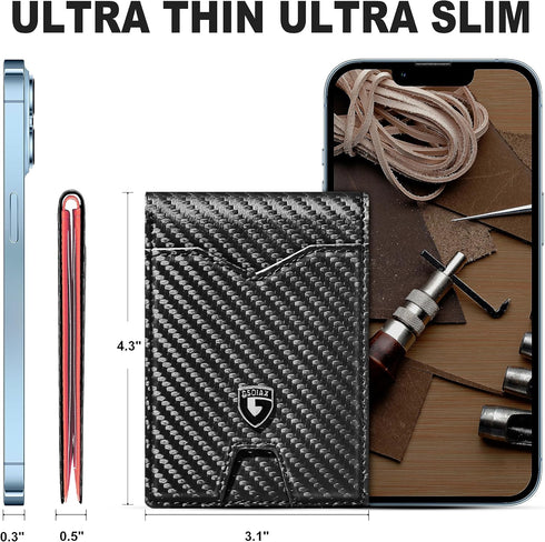 GSOIAX Mens Slim Wallet for Men Minimalist Genuine Leather Carbon Fiber Rfid Blocking Bifold Credit Card Holder With Gift Box (Pink and Carbon Bla...