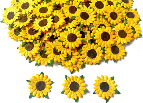 PLflower Set of 50 Tiny Sunflowers Mulberry Paper Craft Supplies Scrapbook Card Flower Embellishments Size 0.55 inches Very Small Craft Handmade W...