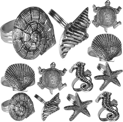 Silver Napkin Rings-12-Piece Set of Premium 100% Metal, Rust-Resistant Tabletop Décor - Antique Coastal Sea Shell Napkin Holdersfor Family Dinner,...